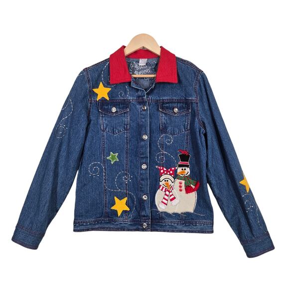 VTG Bleu Bayou Blue Denim Jacket sz M Snowman Winter Holiday Christmas Cotton - Picture 1 of 16